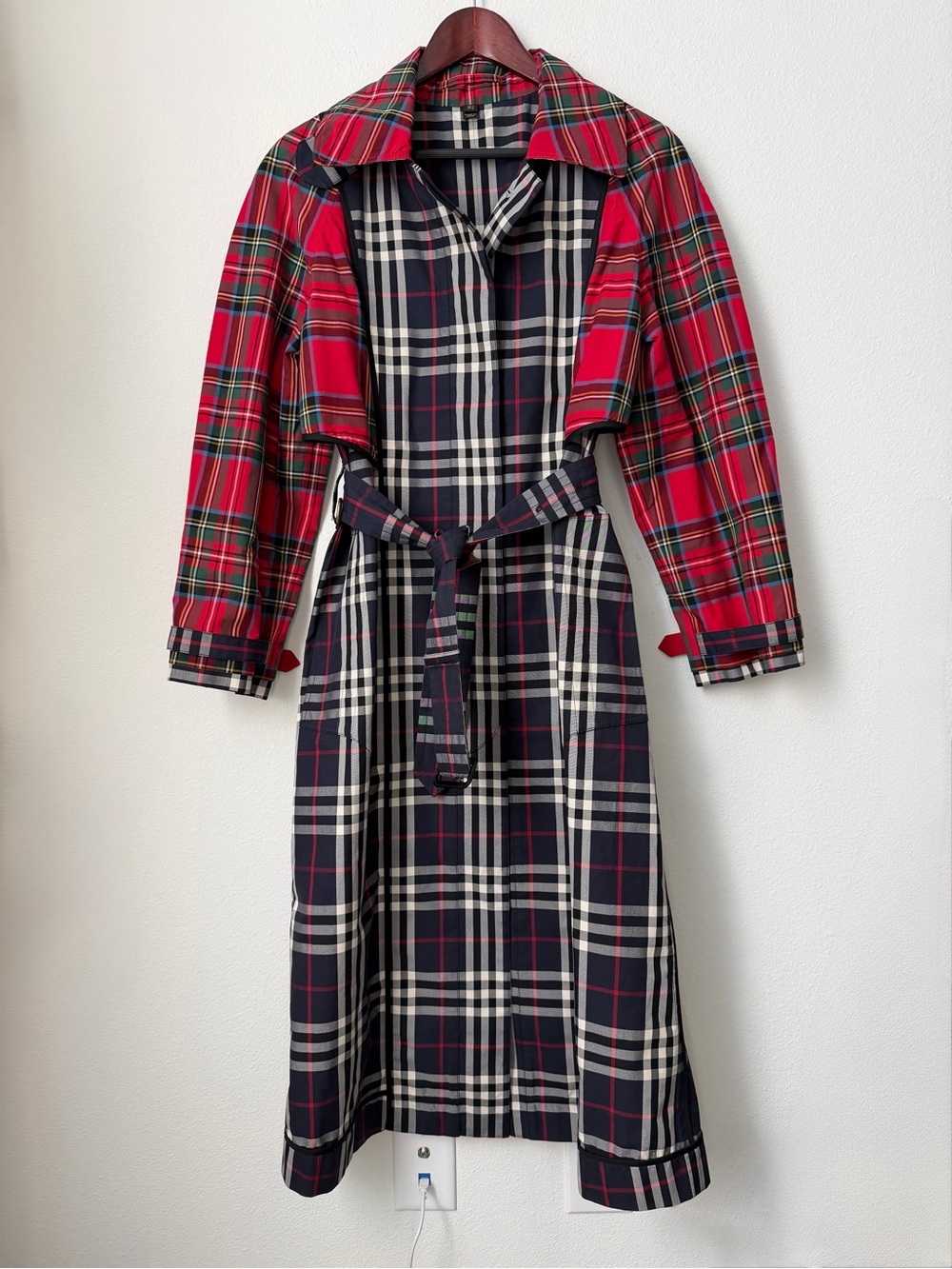 BURBERRY 2018 Runway Plaid Tartan Cotton Trench Coat Red Navy Cream Size US2